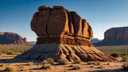 A dramatic rock formation with layered erosion in a vast desert landscape at sunset