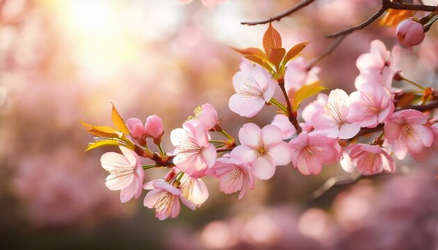 blooming cherry blossom branches in spring closeup of pink flowers with soft bokeh background with branches and twigs in sunlight