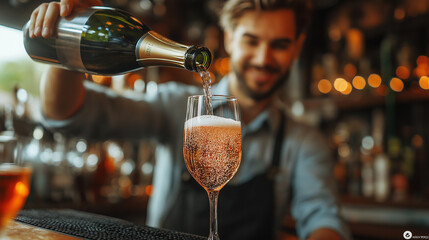 In a vibrant bar filled with warm lights, a bartender skillfully pours a sparkling beverage into a glass, creating an inviting and festive mood. Guests nearby enjoy the ambiance