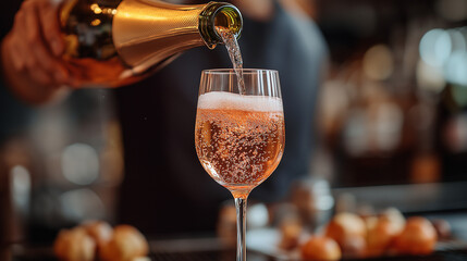 A bartender skillfully pours a bubbling sparkling drink into a stylish glass, surrounded by delicious snacks at a vibrant gathering. The atmosphere radiates joy and festivity