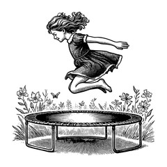 girl joyfully jumping on a trampoline, surrounded by flowers, capturing a nostalgic and whimsical moment engraving generative ai sketch PNG illustration