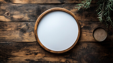 A round wooden frame sits on a beautifully textured rustic wooden table, surrounded by natural elements, enticing thoughts of personalization and artistic expression in a warm atmosphere