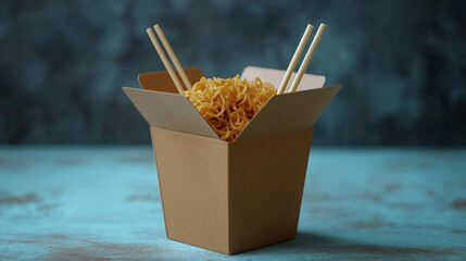 A warm box full of flavorful noodles awaits eager diners, chopsticks poised for the perfect bite. The inviting atmosphere encourages sharing and joy among friends