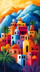 Vibrant Niger Cubism Village with Mountain Landscape, Colorful Desert Architecture, Artistic Illustration, Warm and Lively Desert Scene, Painterly African Urban