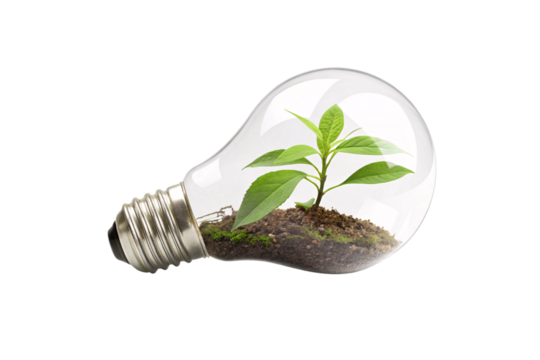 A transparent light bulb holding a mound of soil with a sprouting plant, symbolizing innovation, growth, and environmental responsibility, isolated on a transparent background