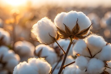 Illuminated Cotton Blossoms: A Glimpse into Nature’s Luxurious Fabric Under Golden Sunlight