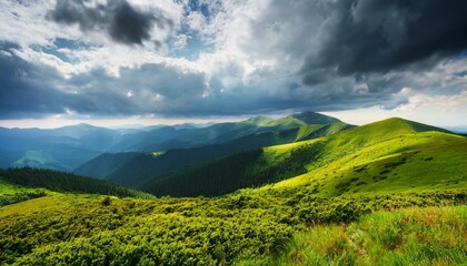 Fototapeta premium magical view of green hills and a dramatic stormy sky on a sunny day carpathian mountains ukraine europe