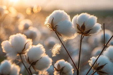Basking in sunlight, cotton plants reveal their ethereal, fluffy charm showcasing nature's beauty.