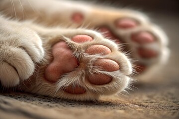A Close-Up View of Adorable Cat Paw Pads with Soft Fur and Pink Cushioning Revealing Texture