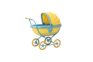 A yellow pram with blue details, heart emblem, and intricate stitching. The curved handle and wooden-spoked wheels add a classic, handcrafted feel, isolated on a transparent background