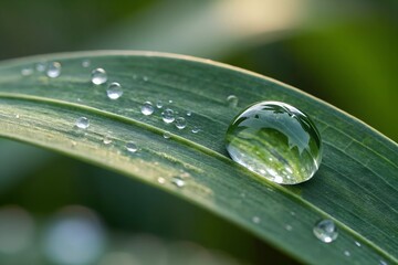 A Perfectly Formed Raindrop Gracefully Slides Down a Glossy Green Leaf Under Soft Light