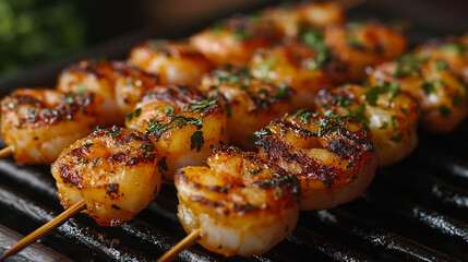 Mouthwatering shrimp skewers sizzle over glowing coals at a vibrant summer barbecue. Fresh herbs enhance the savory aroma, inviting guests to enjoy the feast