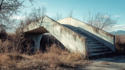Obraz premium A Brutalist pedestrian bridge with sleek, angular concrete lines, offering a stark contrast to the surrounding natural landscape while serving a practical purpose.