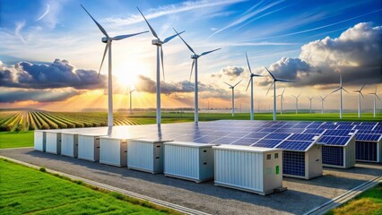Obraz premium Sustainable Energy Production A Field of Wind Turbines and Solar Panels at Sunset