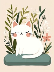 petfluencer pet lover A cute white cat sitting peacefully among vibrant green plants and flowers in a whimsical illustration.