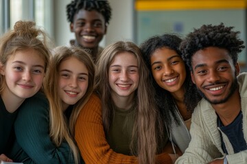 Obraz premium Group portrait of happy diverse school friends. embracing and posing in classroom, looking at the camera and smiling