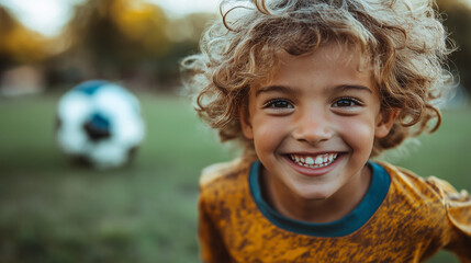 Fototapeta premium A young child beams with joy as he chases a soccer ball in a vibrant park. The warm sunlight creates a cheerful atmosphere, highlighting his playful nature and excitement