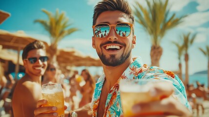 An image of group of young people partying on the beach in the sun with cocktails wearing hats and sunglasses