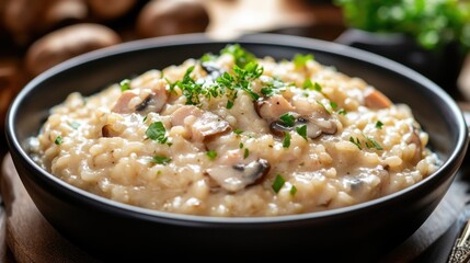 Creamy Mushroom Risotto in Black Bowl: Close-up