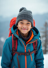 Young hiker smiling in winter mountains during outdoor adventure trip