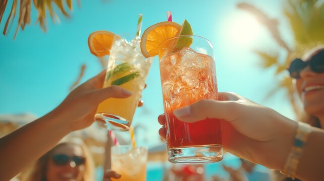A photo of a close-up of hands toasting with summer cocktails at a poolside party/ beach, with a sunlit, refreshing background