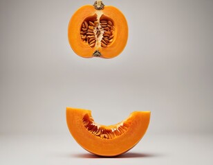 Floating slices of fresh orange pumpkin against a minimalist background.