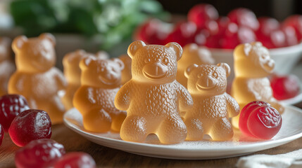 Obraz premium A collection of translucent gummy bears and shiny red cherries fills a white plate, adding color and whimsy to a cozy kitchen setting, inviting tastes of sweetness and nostalgia
