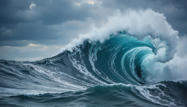 Powerful ocean wave crashing against the shore with dramatic blue and white foam