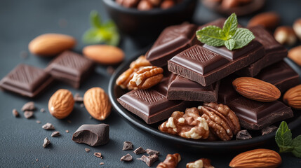 A sumptuous arrangement of rich dark chocolate bars, scattered nuts, and fresh mint leaves invites indulgence at an intimate dessert gathering designed for chocolate lovers