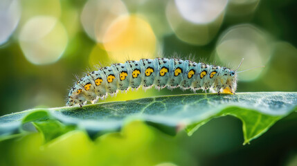 Naklejka premium A macro shot of a caterpillar crawling along a leaf, its body segmented with fine detail