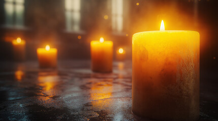 Warm candlelight flickers gently in a calm room, filling the space with a soothing ambiance. The rich hues dance on surfaces, inviting relaxation and peace