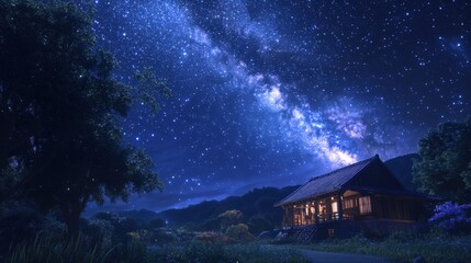 A calm night in the countryside, where a vast expanse of stars lights up the entire sky.
