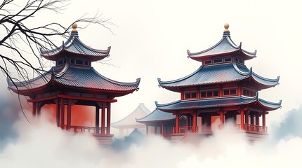 Fototapeta premium Traditional Painting of a Majestic Chinese Temple with Intricate Architecture and Serene Cultural Aesthetic