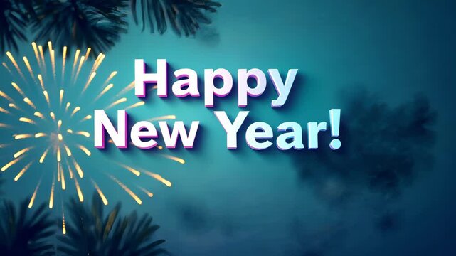 A Sparkling New Year's: Celebrate the arrival of the new year with festive text "Happy New Year!" and shimmering fireworks, against a serene blue backdrop.