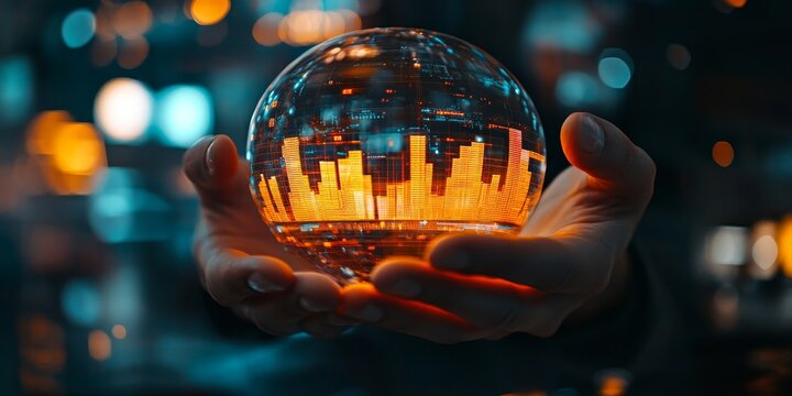 Investor or entrepreneur visualizing successful IPO Initial Public Offering, futuristic hologram projection, analyzing stock market data & trends to strategize public listing, business capital