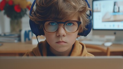 Young student engaged in e learning with laptop and headphones in a high tech classroom environment