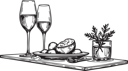 Romantic dinner illustration in black and white