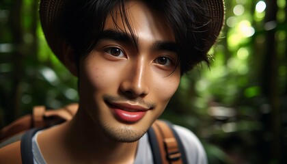 Obraz premium Smiling Adventurer in Lush Jungle – Nature Travel Portrait.