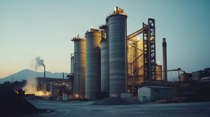 Obraz premium A cement factory with massive silos storing raw materials, where machines mix and process ingredients to produce cement