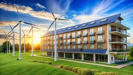 Obraz premium Sustainable Modern Apartment Complex Powered by Wind and Solar Energy at Sunset