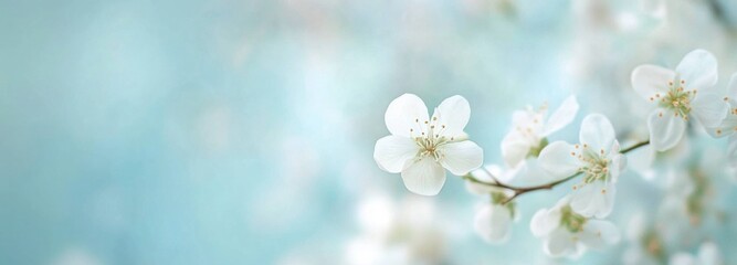 Obraz premium Beautiful white cherry flowers on light blue blurred backgrond. Amazing close-up of spring blossom. Cool clear pure scene displaying beauty of elegance. Business advertisement materials. Copy space