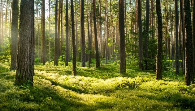a magical forest with large pine trees in sunny weather
