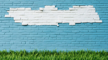 A white brick wall with one section torn off, set against a blue background and green grass at the bottom of the frame
