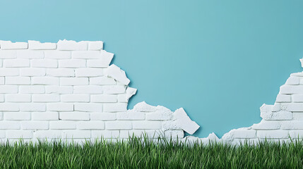 A white brick wall with one section torn off, set against a blue background and green grass at the bottom of the frame
