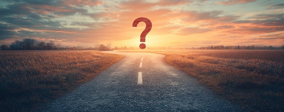 The winding road to change leading to a question mark symbolizing uncertainty, decisions, transitions, and future paths in personal and professional