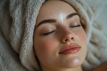 Beautiful relaxed woman at beautician cabinet receiving anti wrinkle injections on cheekbones, lying with closed eyes in beauty salon
