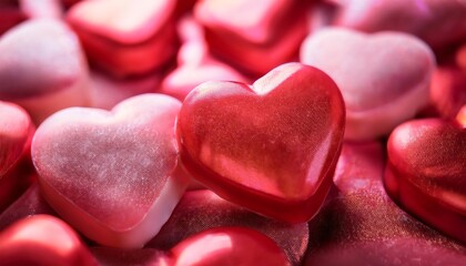 Obraz premium Close up view of heart shaped candies in pastel colors, randomly scattered across a soft surface, adding a cheerful and festive touch perfect for special occasions and celebrations.