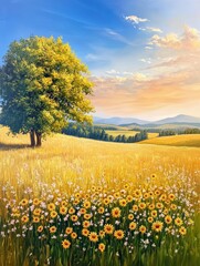 Obraz premium Vibrant meadow with blooming flowers under a colorful sunset, featuring a lone tree and distant hills