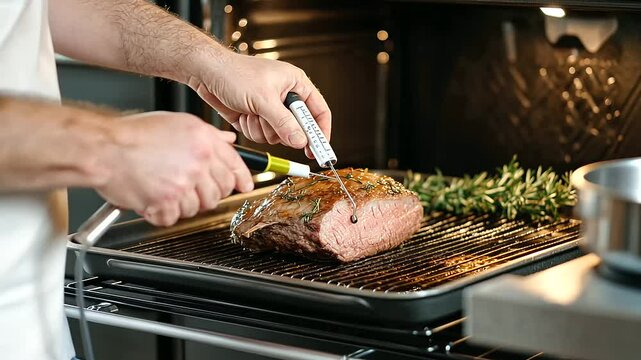 Chef using a meat thermometer to check roast doneness in the oven