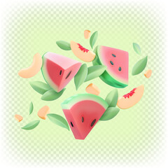 Slices of sweet juicy red watermelon with mint and peach slices. Fruity vector flying 3D salad